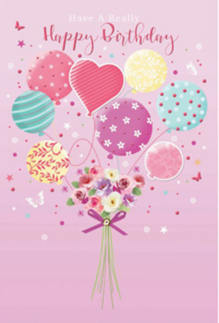 Delicate birthday card illustration depicting a dreamlike bouquet of balloons and flowers, rendered in pastel hues reminiscent of a calm afternoon wandering around Parsons Green. The background is a smooth wash of soft pink, creating a gentle canvas for the floating arrangement at the centre. A cluster of rounded and heart-shaped balloons rises upwards, each one dressed in its own pattern-whirling ribbons, playful polka dots, flower motifs, and subtle stripes in shades of pale sunshine yellow, rosy fuchsia, mint, lavender, and teal. The colours blend harmoniously, like party decorations reflected in the windows of the cafés along Fulham Road. From this cloud of balloons descends a tidy bouquet, gathered where the strings meet at the base. The flowers are petite yet lush, with rosebuds and daisy-like blossoms in creamy ivory, blush pink, and hints of mauve. Their petals are softly shaded, as though brushed with morning light, giving a sense of velvet texture that invites you to imagine their gentle fragrance. A vivid violet ribbon wraps around the stems, tied in a neat bow whose glimmer suggests satin catching the light. The entire composition seems to glow, with subtle highlights along the balloons and a faint halo around the flowers, conjuring the impression of sunlight streaming into a local flower shop near Parsons Green. Tiny stars and whimsical butterfly shapes are scattered lightly around the balloons, adding touches of fantasy, like confetti drifting in slow motion. The image conveys a sense of gentle jubilation-a refined yet playful way to say "happy birthday" that feels both personal and lovingly crafted.