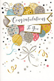This congratulations card presents a joyful, almost weightless arrangement of illustrated balloons, reminiscent of the light, uplifting feeling of wandering through Parsons Green on a bright celebratory morning. The central image is a generous cluster of balloons floating upward, each one a different mix of muted metallic hues-soft gold, brushed silver, champagne beige, powder blue, rose pink, and gentle dove grey. They are layered closely, some tucked behind others, so the design feels full and rich, like a carefully balanced floral arrangement. The surface of each balloon is decorated with fine details: tiny star patterns, delicate glitter-dusted stripes, and speckled confetti-like dots that suggest a slightly raised, textured finish. From the lower edge of the bouquet, long, curling ribbons in shimmering gold and silver trail downwards in looping lines, giving the impression that the balloons are loosely anchored just out of sight. Scattered across the pale background are small metallic stars, dots, and swirling flourishes, which add a sense of movement and playful energy, as if a gentle breeze were carrying the celebration along Fulham's tree-lined streets. Stretching across the middle of the card is a refined banner, softly arched and bordered with a subtle gleam. On it, the words "Congratulations To You" are written in elegant calligraphy, the ink appearing slightly raised and glossy. As a local florist at Parsons Green Florist, I often imagine this kind of card nestled beside bouquets of white lilies, soft pink roses, and lush greenery for customers celebrating promotions, graduation days, or special milestones at home and in nearby Chelsea, and this design captures that polished yet heartfelt joy perfectly.